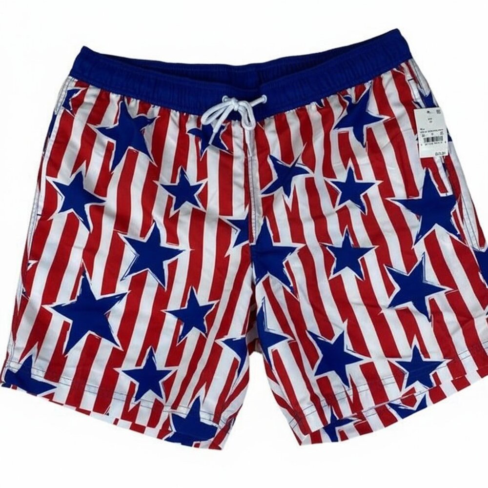 Mad Engine Men's USA Patriotic Red White & Blue Stars & Stripes Swim Trunks XXL
